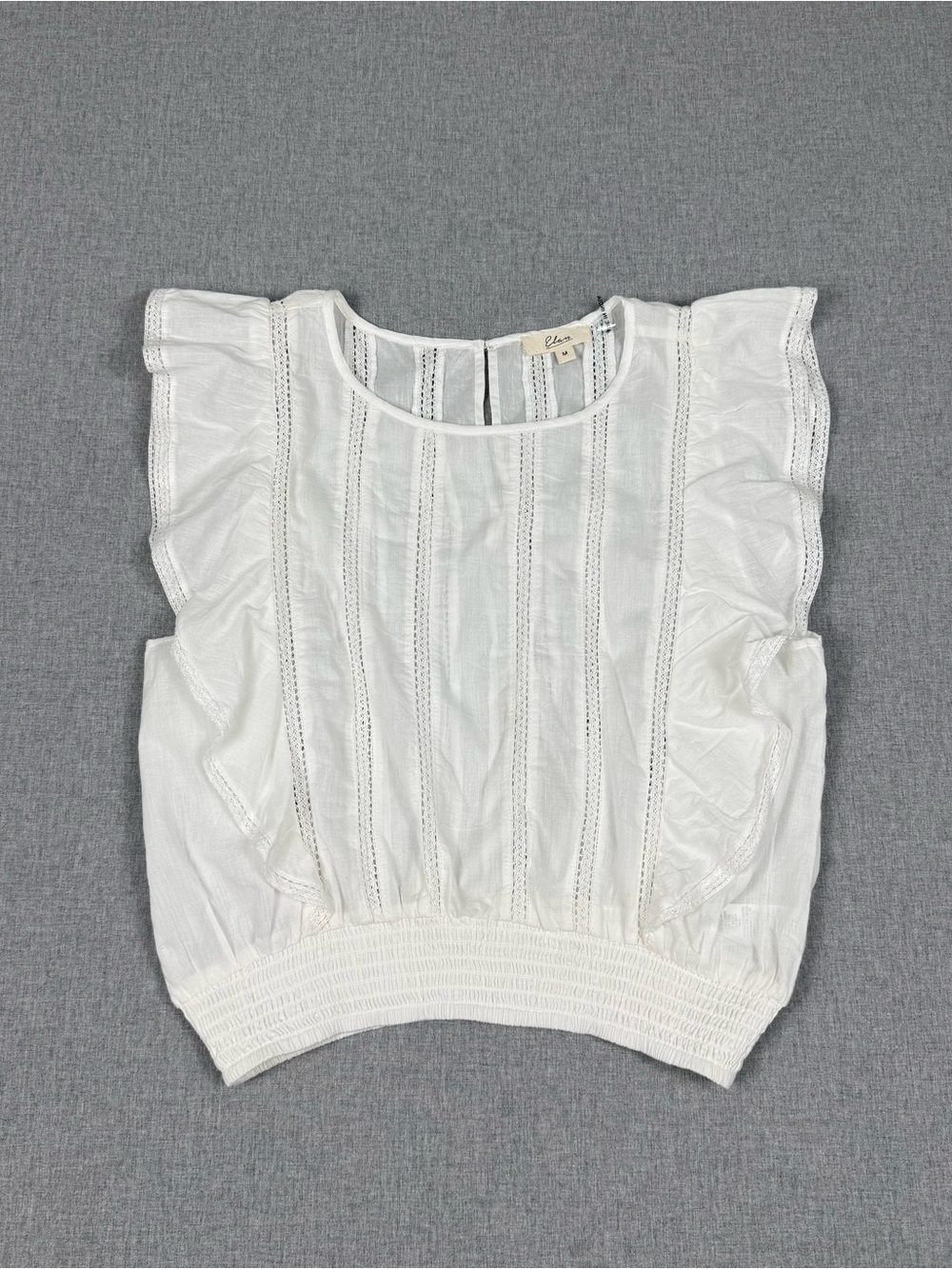 Elan‎ White Cotton Ruffle Sleeve Smocked Blouse Medium Boho Lace